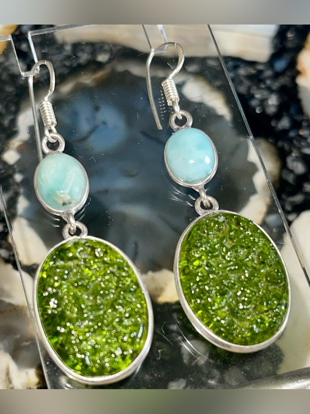 Larimar & Green Dichroic Earrings 2 1/4” (#2)